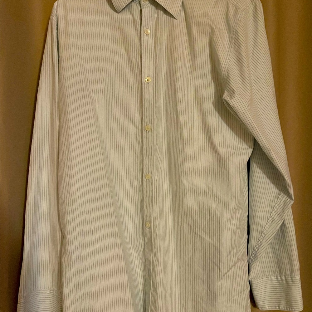 Calvin Klein, casual button down shirt, white with gray pinstripes, size: medium